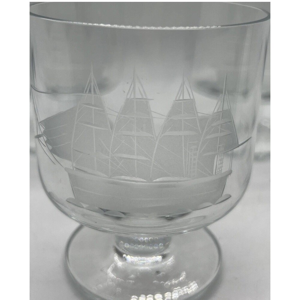 Vintage Crystal Whiskey Glasses Toscany Etched Clipper Ship Nautical Tumbler (2)